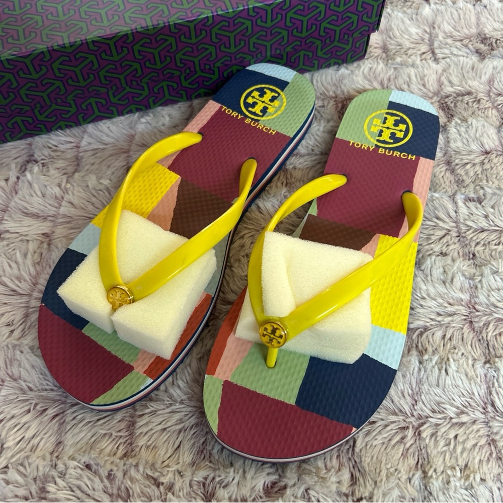 Tory Burch Multicolor Patchwork Flip Flops with Y… - image 1